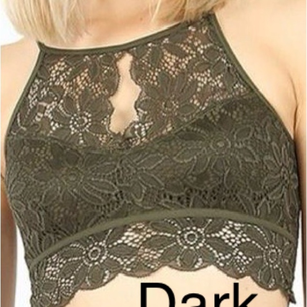 Zenana Outfitters Lace High Neck Bralette - Dark Olive